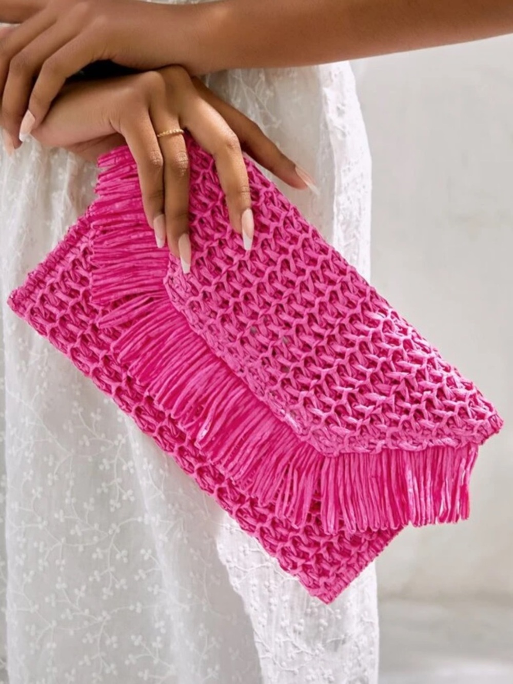 Pink Woven Fringe Clutch - Women Bags